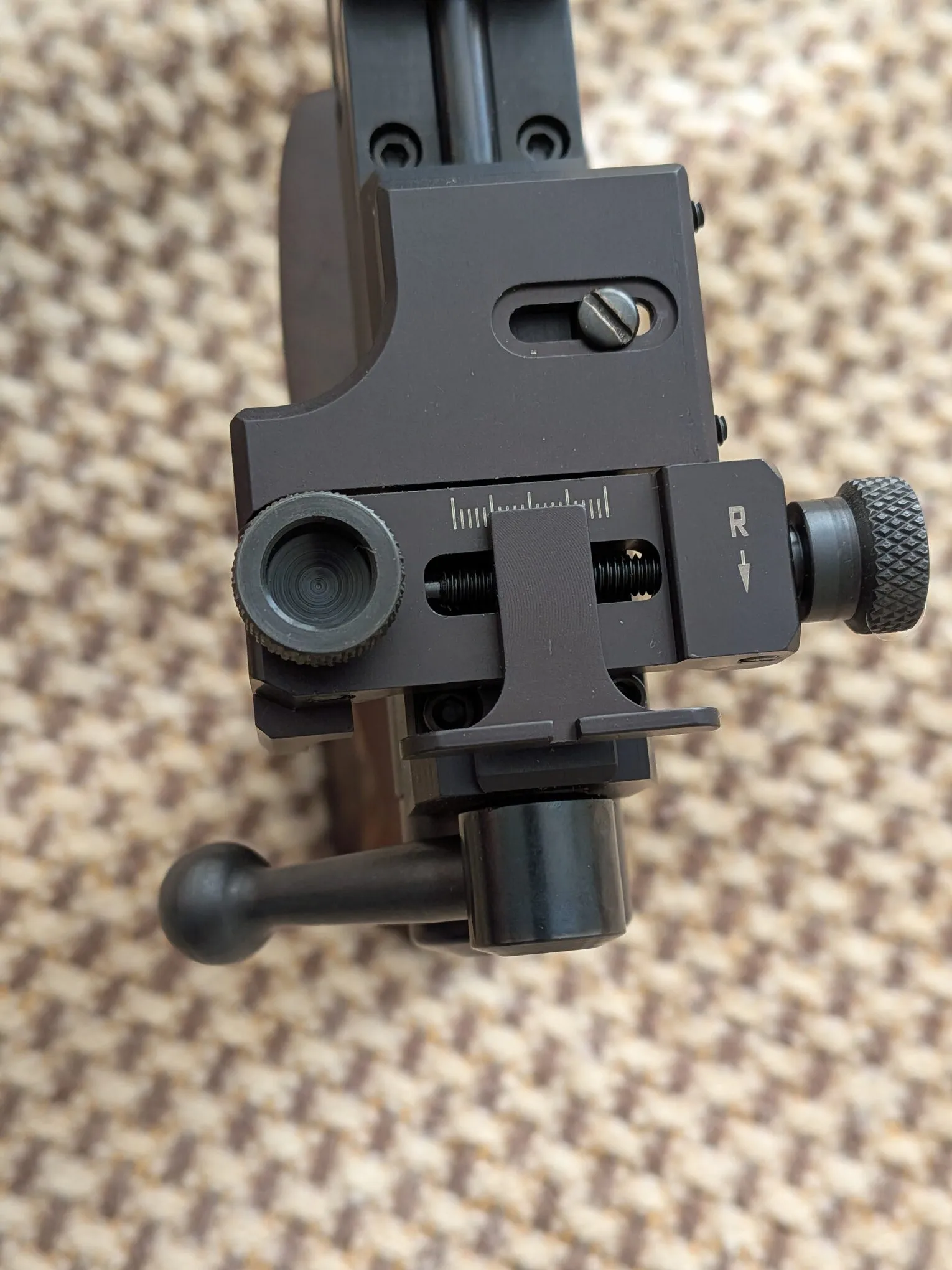 Top view of the Williams rear sight showing its windage adjustment and mounting arrangement