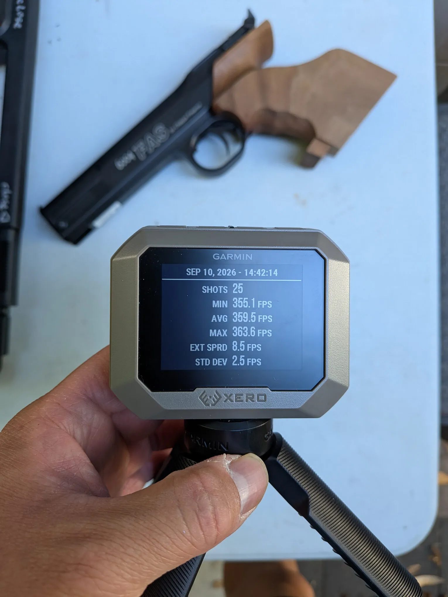 Garmin chronograph showing the FAS 6004 results for 25 shots with RWS R10 Match pellets