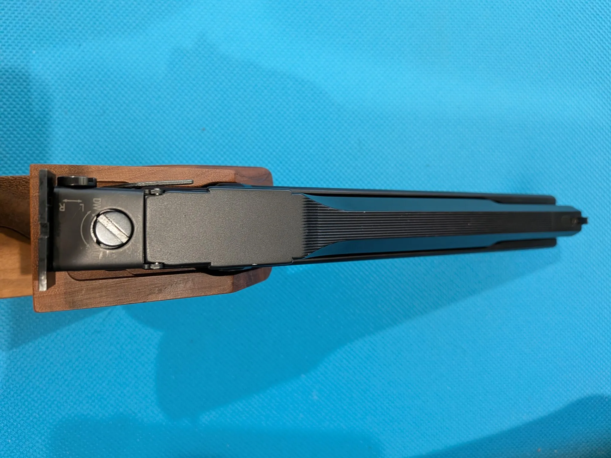 Top view of the FAS 6004 showing fine longitudinal grooves between the rear and front sights