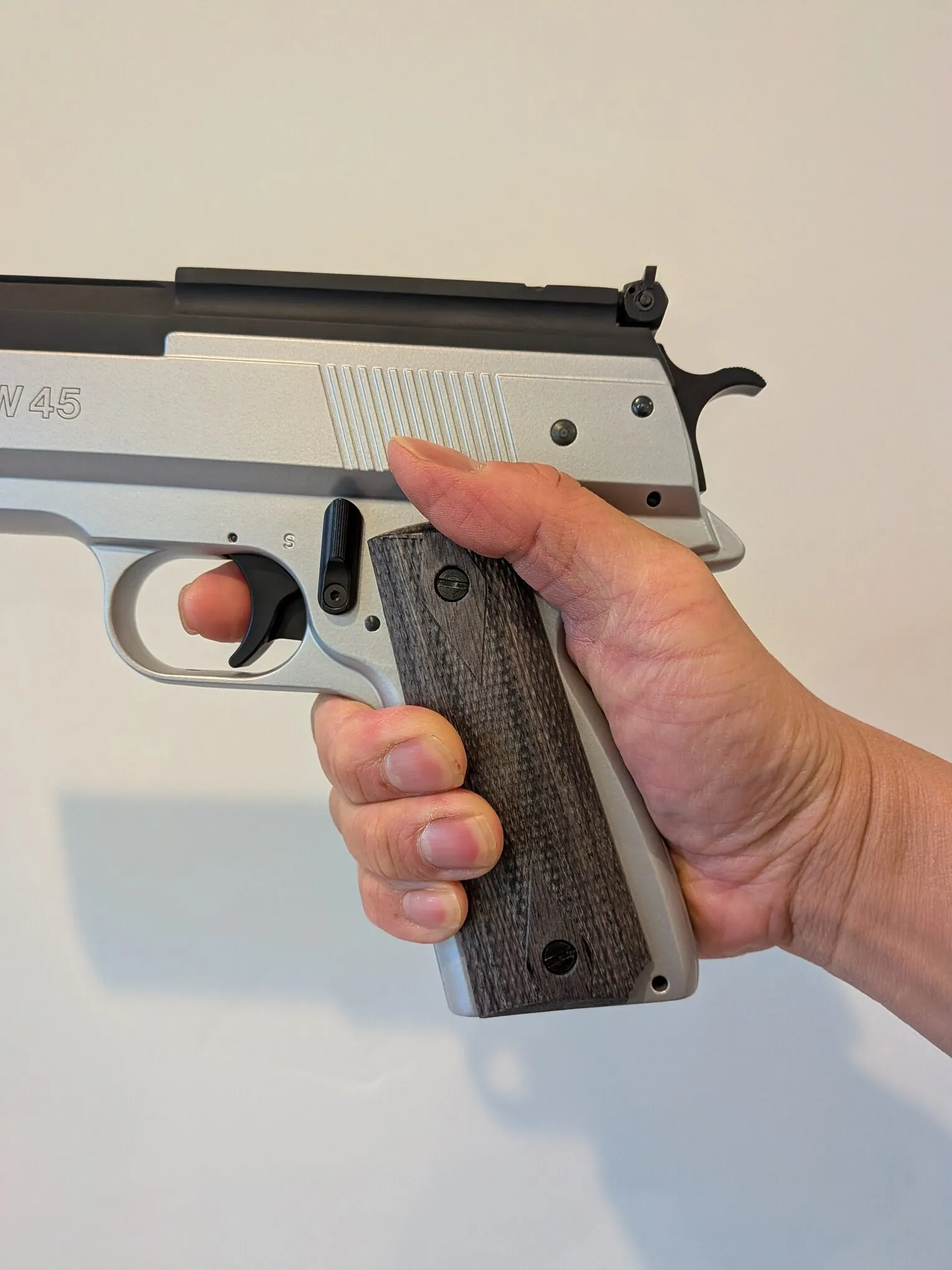 HW45 held in the right hand, showing the grip fit and thumb position