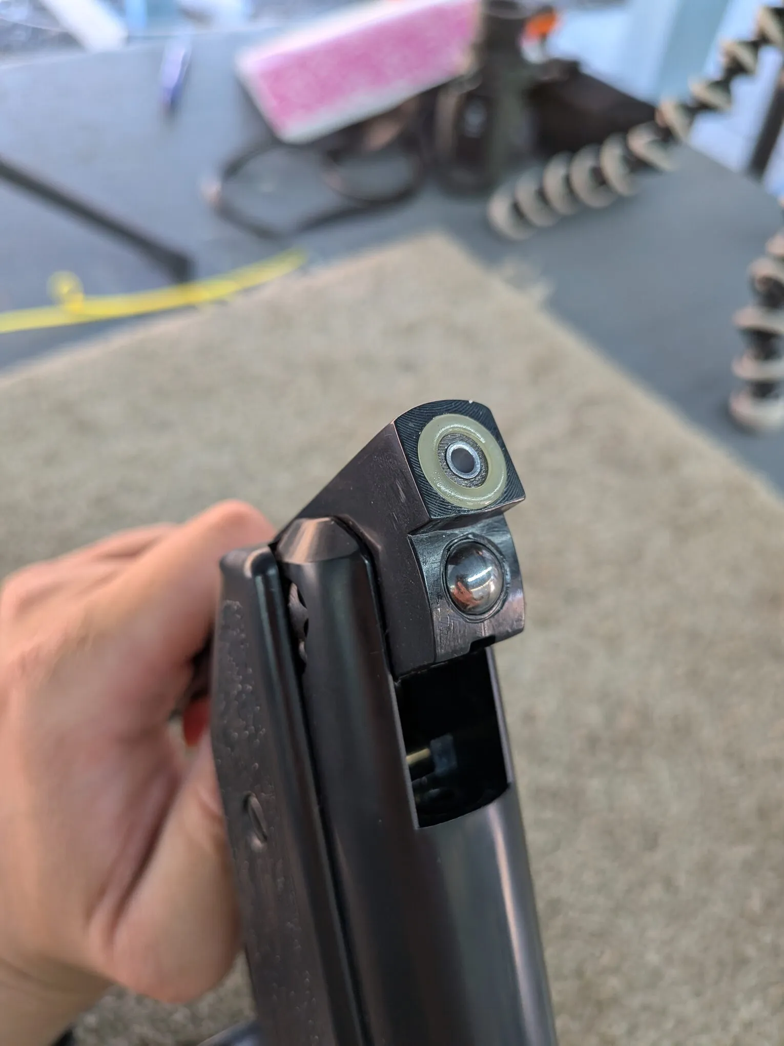 Open HW70A breech showing the barrel opening, surrounding seal, and locking ball