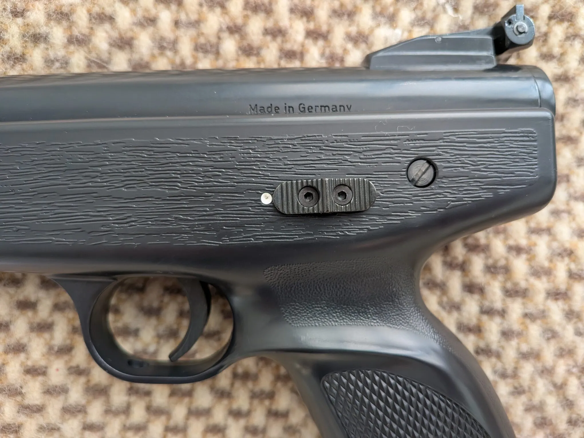HW70A safety engaged, with the slider rearward and the white mark visible