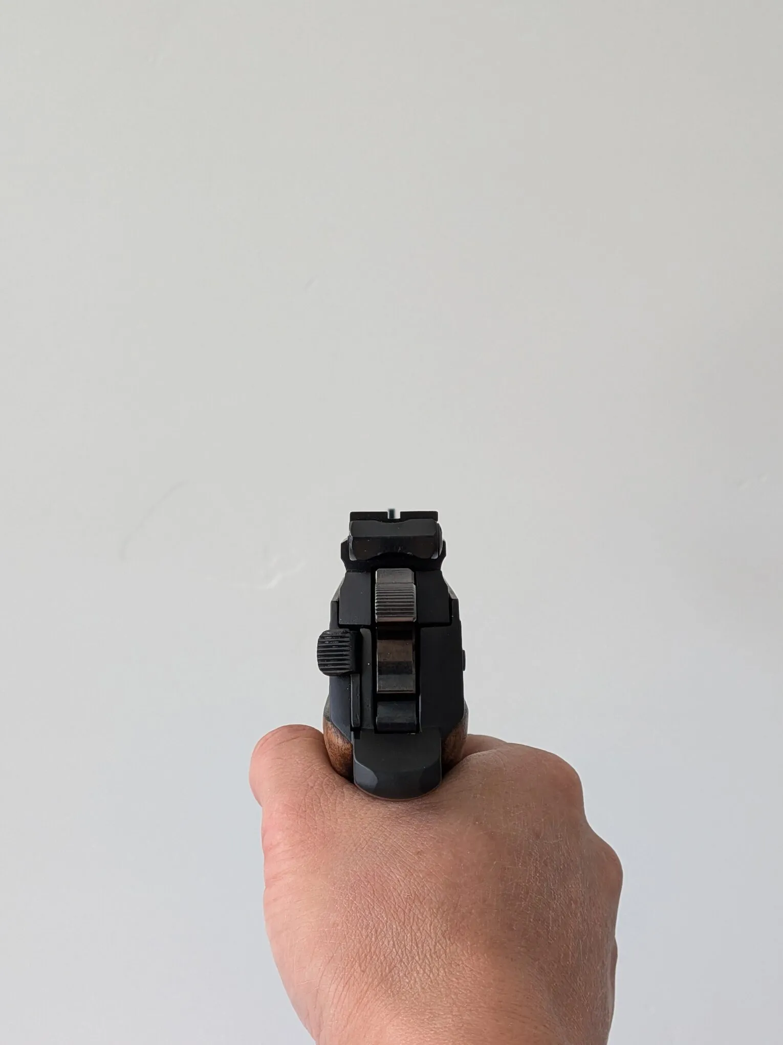 View along the HW75 sights while held in the hand, showing the narrow rear notch