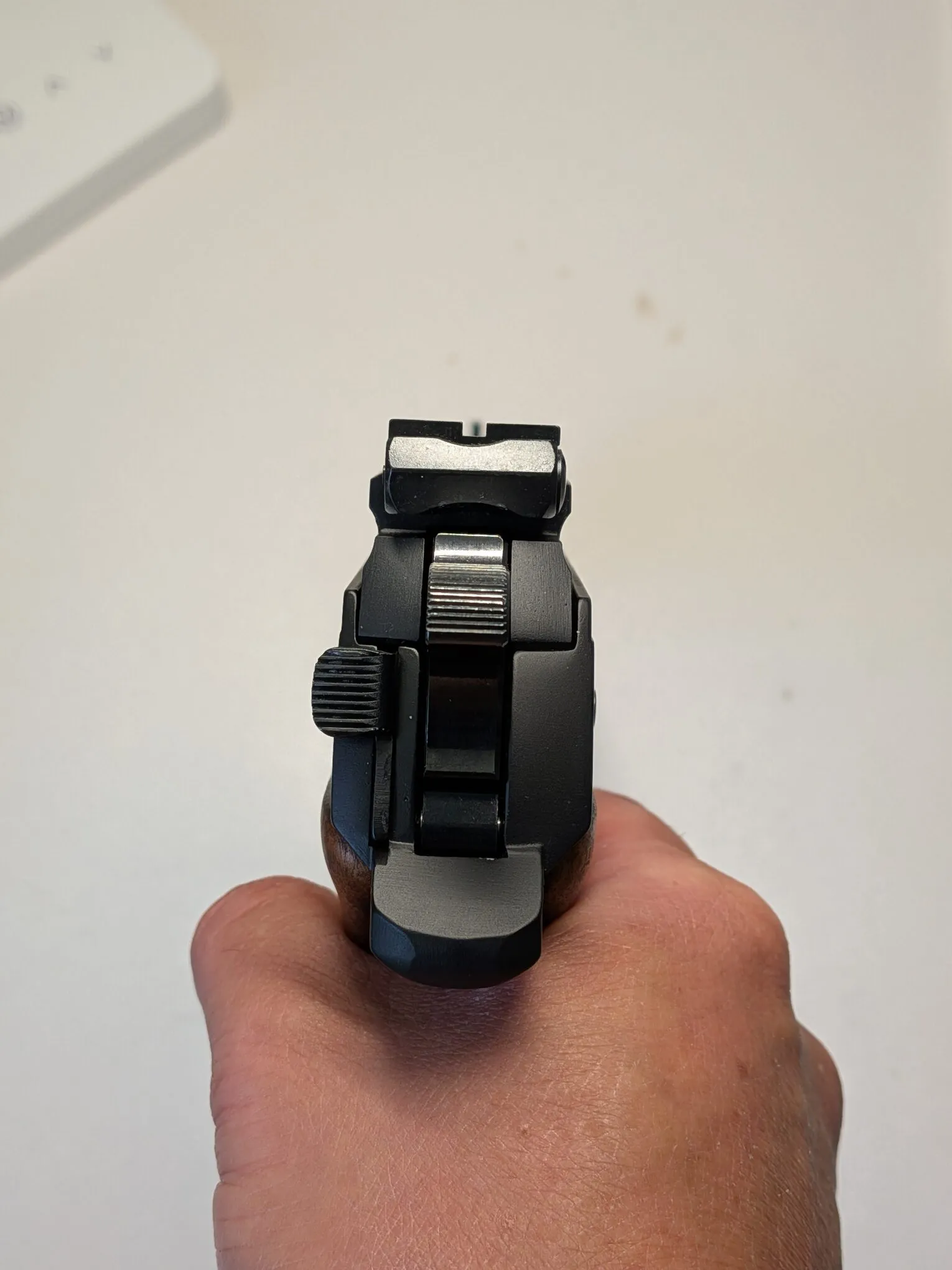 Bright glare on the sloped upper surface of the HW75 rear sight, reducing contrast around the notch