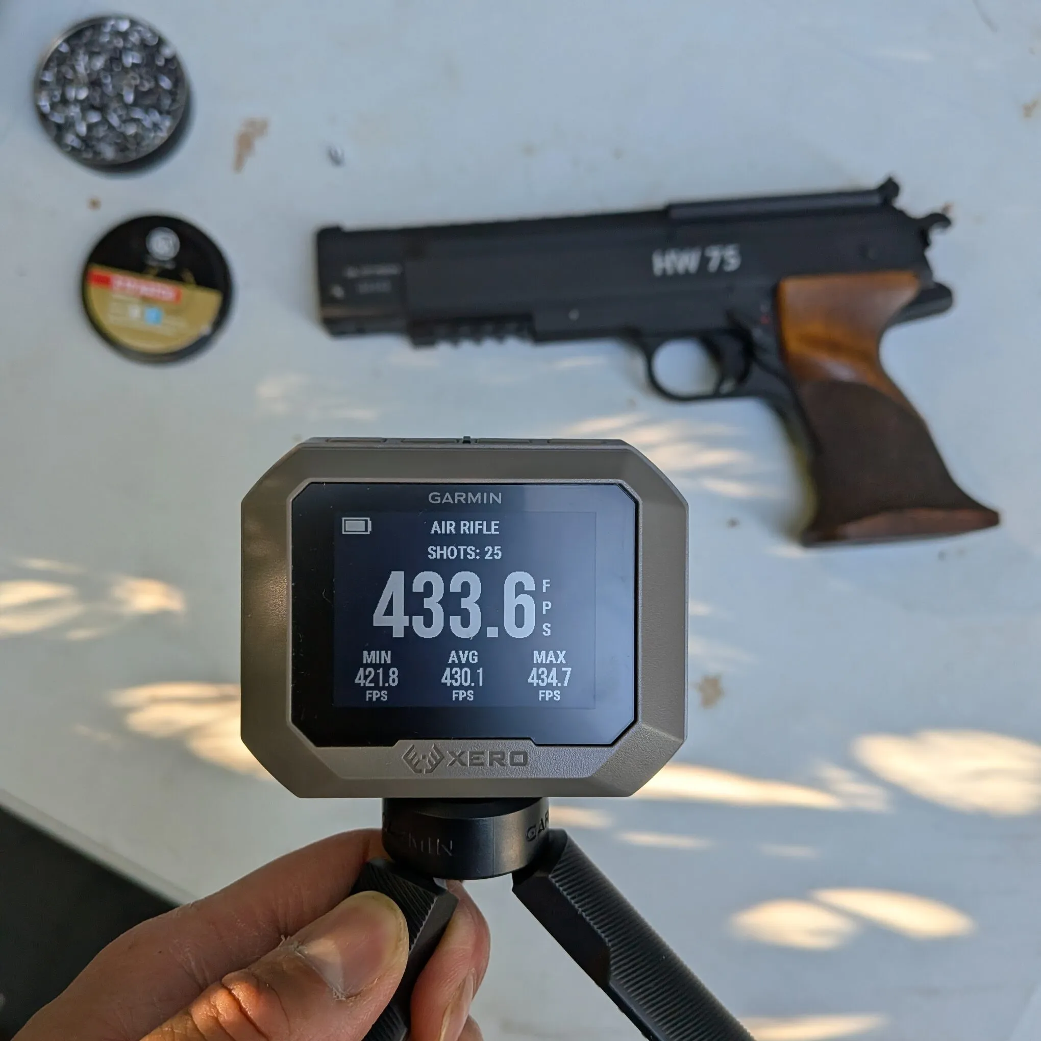Garmin Xero chronograph showing the HW75’s 25-shot session, with an average velocity of 430.1 fps
